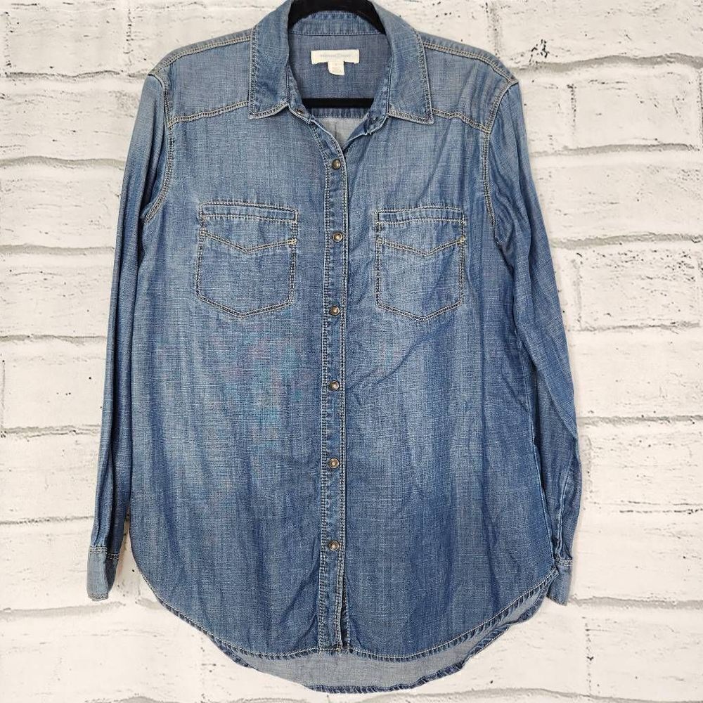 Treasure & Bond Womens Snap Button Down Casual Shirt Chambray Pocket Blue Size S